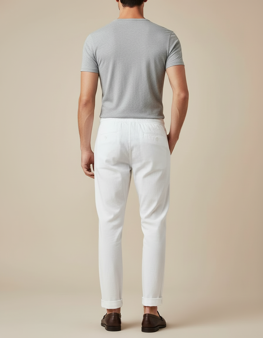 Pantalon Blanc Coton Décontracté Cordon Homme Coupe Droite - vue 2