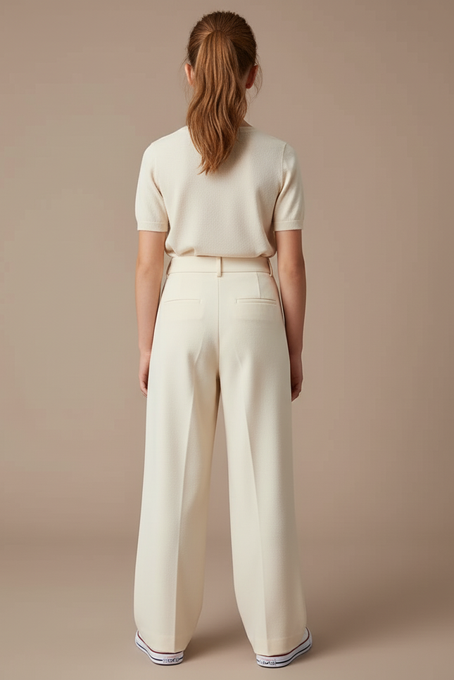 Pantalon Blanc Ample Plissé Taille Haute Fille - Beige Polyester - vue 2