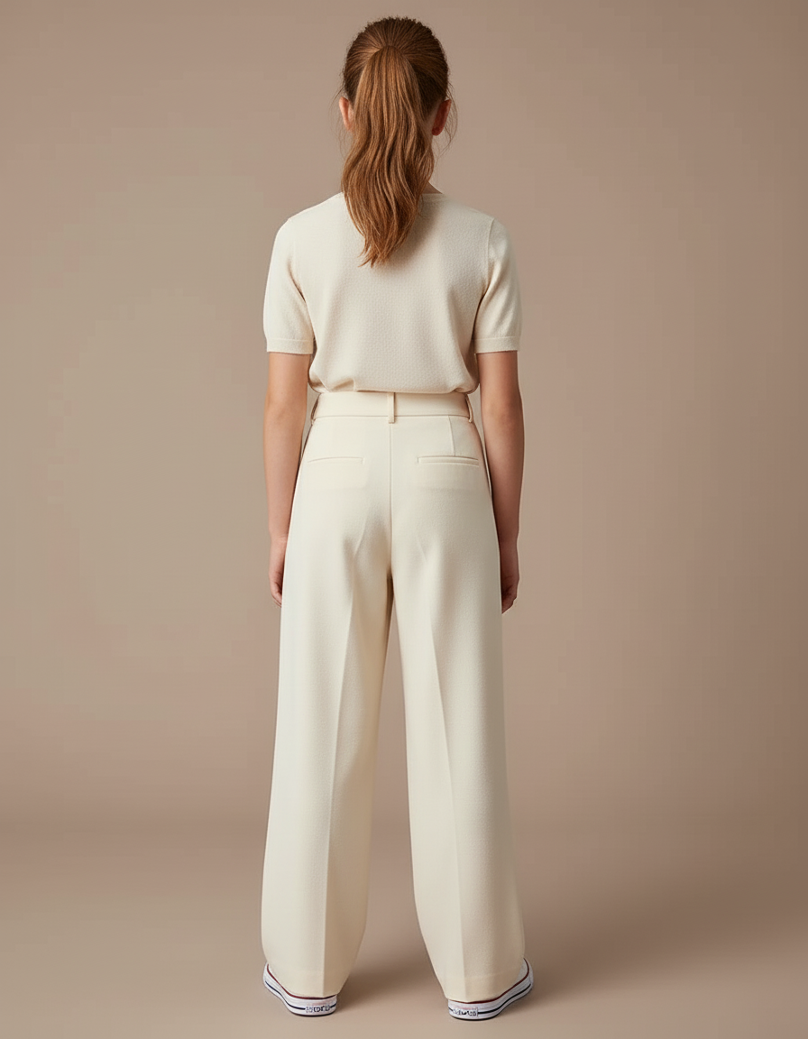 Pantalon Blanc Ample Plissé Taille Haute Fille - Beige Polyester - vue 2