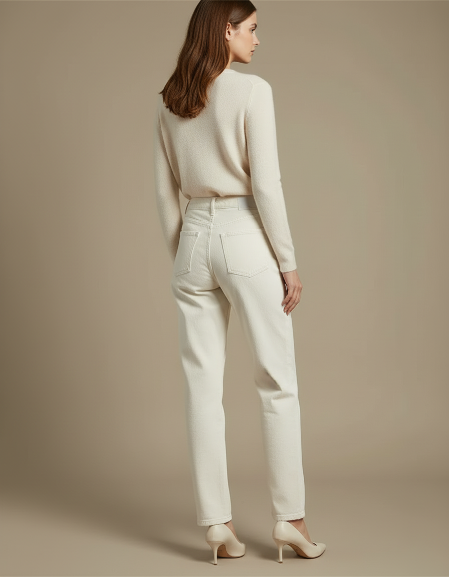 Pantalon Blanc Taille Haute Droit Décontracté Femme - Jean - vue 2
