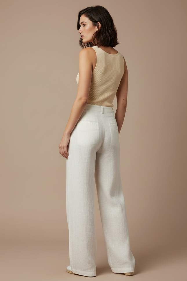 Pantalon Blanc Lin Taille Haute Ample Décontracté - vue 2