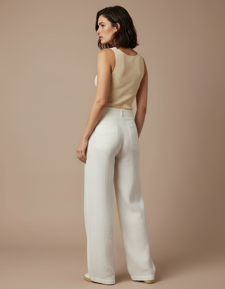 Pantalon Blanc Lin Taille Haute Ample Décontracté - vue 2