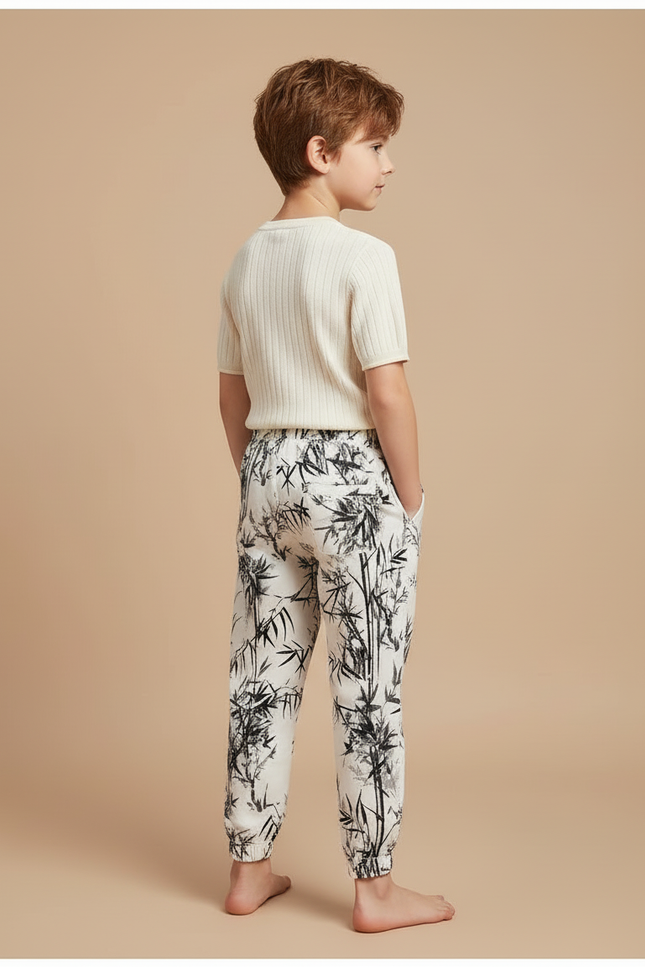 Pantalon Blanc Fluide Imprimé Bambou Décontracté Enfant - Viscose - vue 2