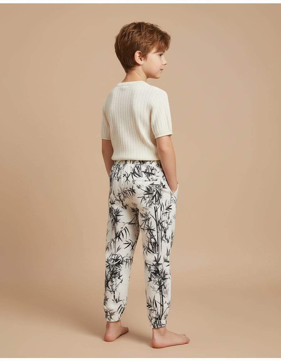 Pantalon Blanc Fluide Imprimé Bambou Décontracté Enfant - Viscose - vue 2