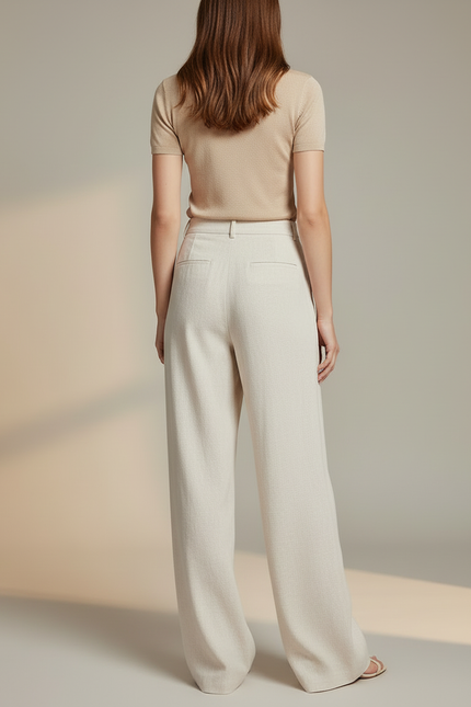 Pantalon Blanc Fluide Lin Ample Taille Haute Décontracté - Beige - vue 2