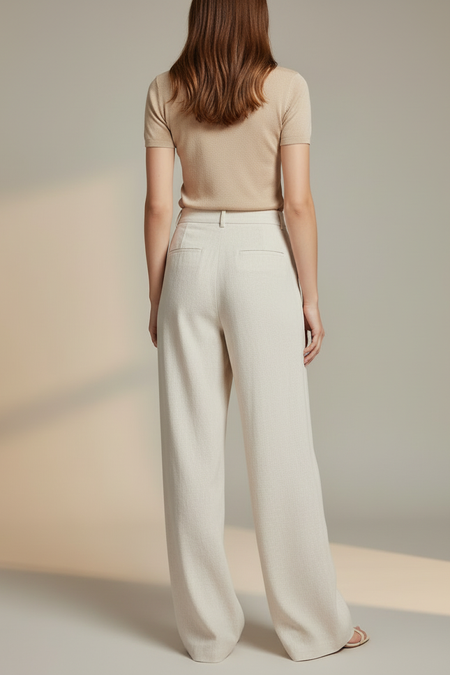 Pantalon Blanc Fluide Lin Ample Taille Haute Décontracté - Beige - vue 2