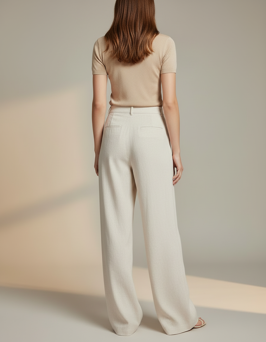 Pantalon Blanc Fluide Lin Ample Taille Haute Décontracté - Beige - vue 2