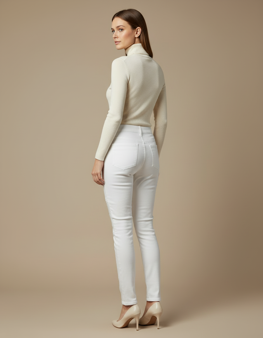 Pantalon Blanc Slim Moto Zippé Femme Stretch - Jean - vue 2