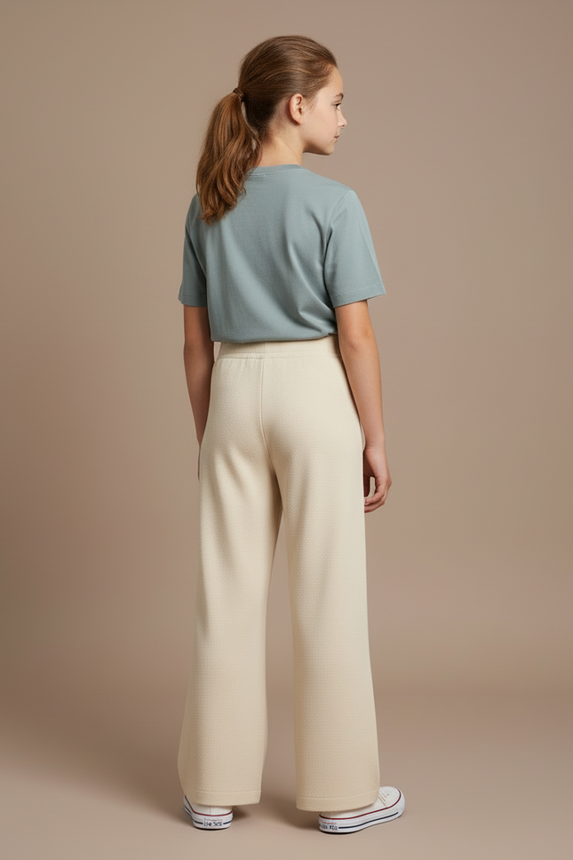 Pantalon Blanc Tricoté Ample Taille Haute Fille - Beige Maille - vue 2