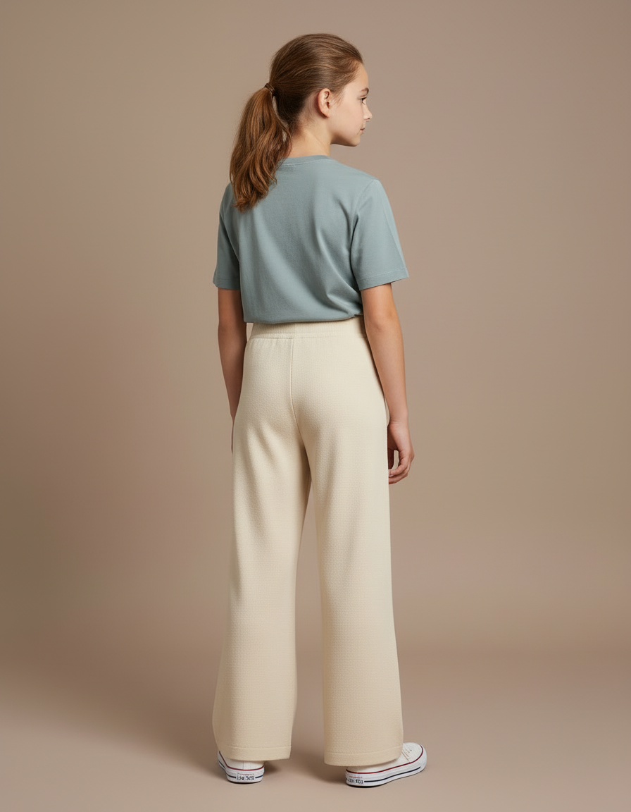 Pantalon Blanc Tricoté Ample Taille Haute Fille - Beige Maille - vue 2