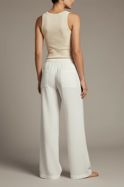 Pantalon Blanc Lin Cordon Ample Femme Décontracté - vue 2