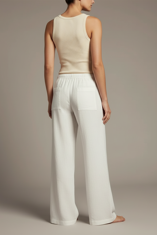 Pantalon Blanc Lin Cordon Ample Femme Décontracté - vue 2
