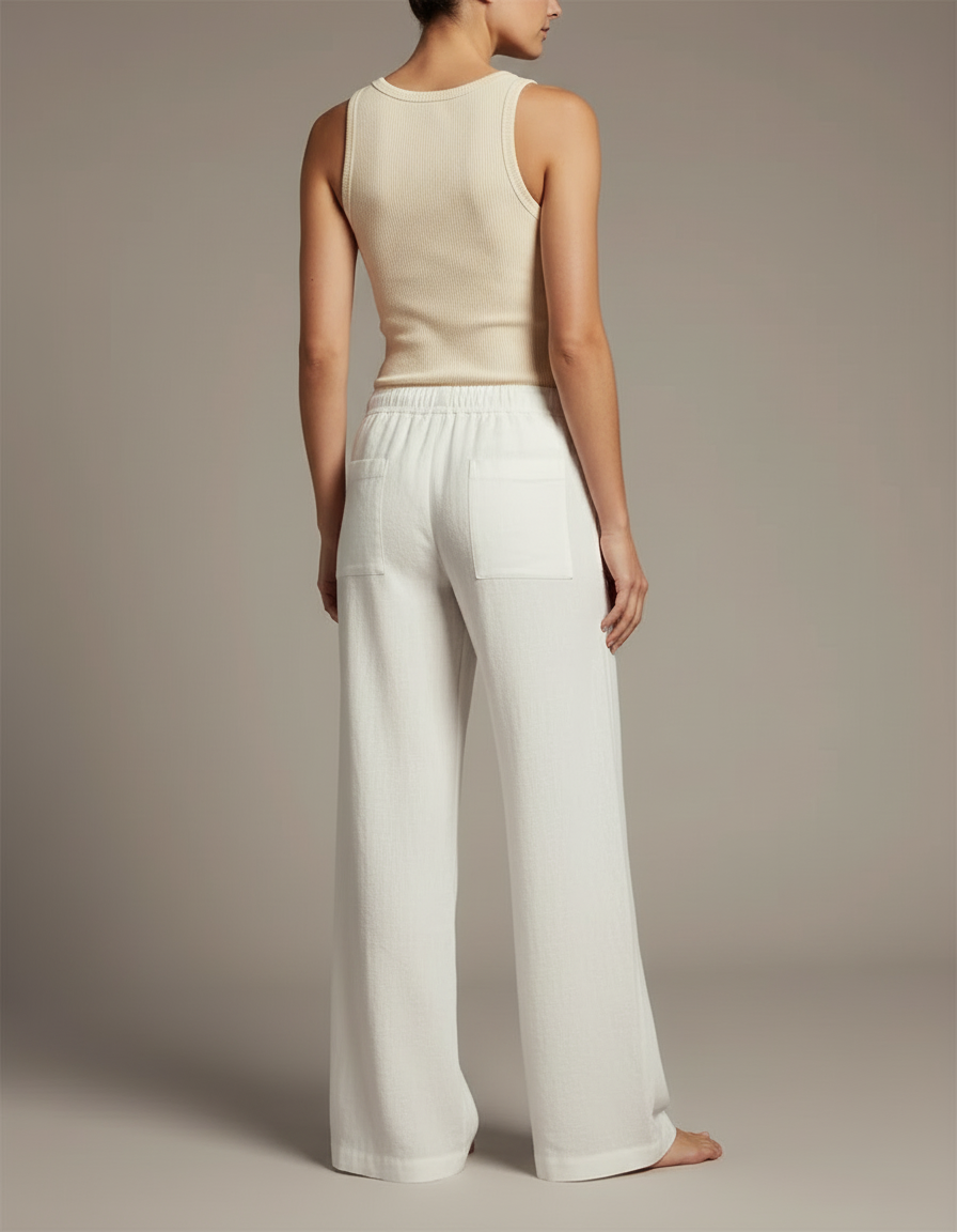 Pantalon Blanc Lin Cordon Ample Femme Décontracté - vue 2