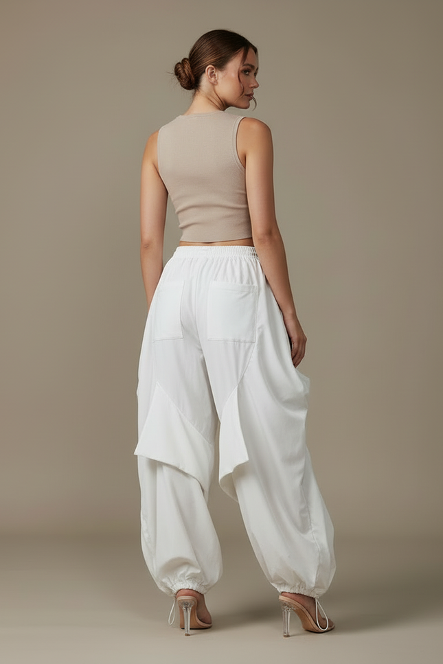 Pantalon Blanc Cargo Ample Plissé Femme - Polyester - vue 2