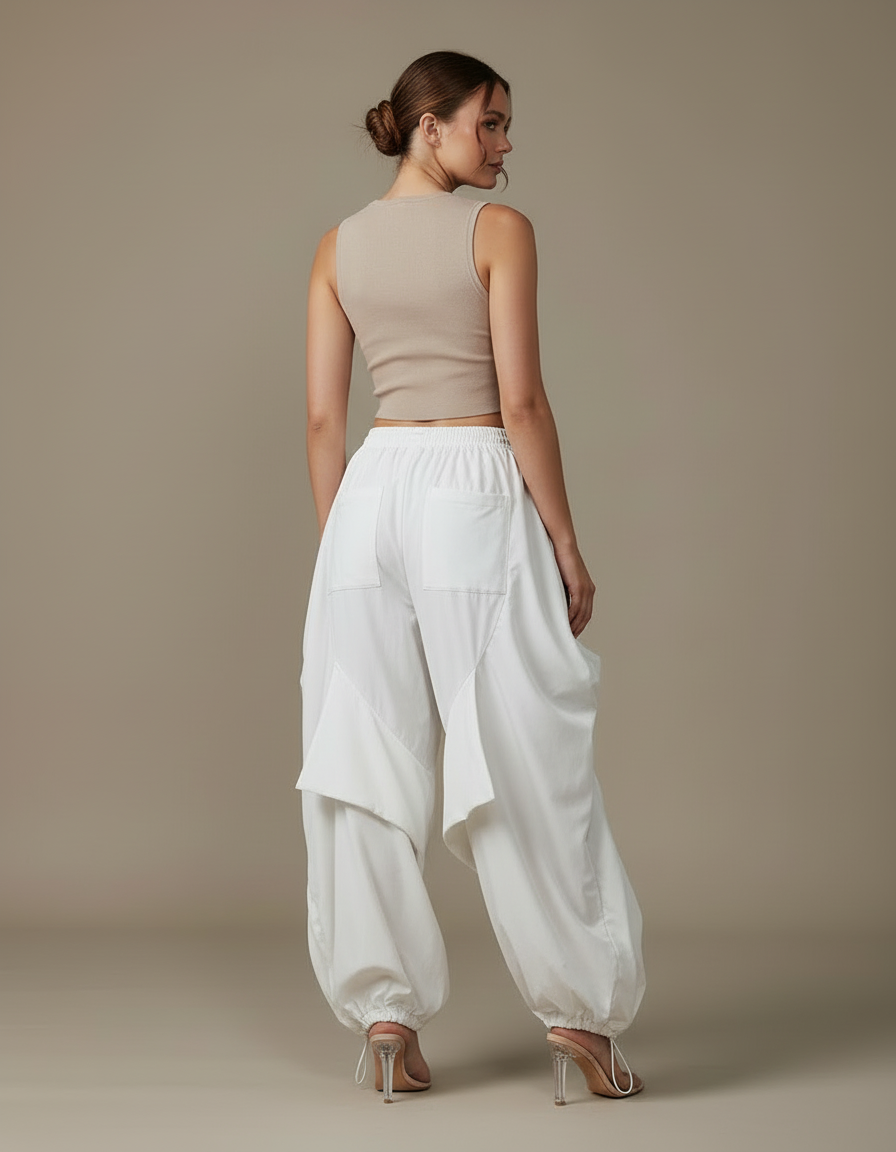 Pantalon Blanc Cargo Ample Plissé Femme - Polyester - vue 2