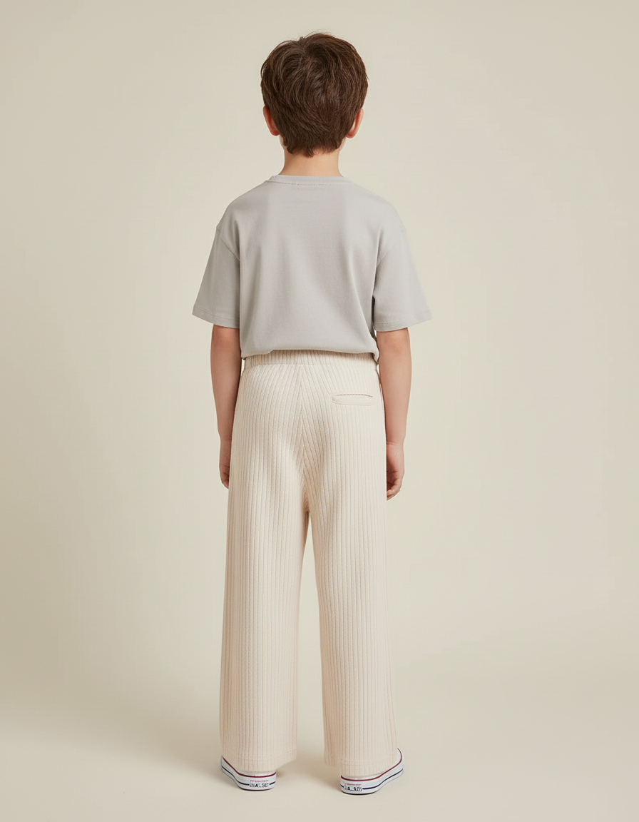 Pantalon Blanc Côtelé Ample Décontracté Enfant Cordon - Beige Cordé - vue 2