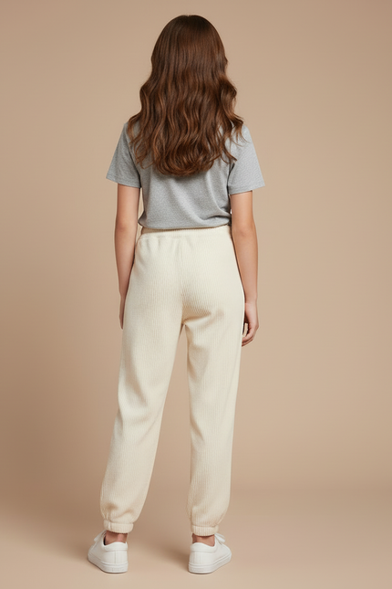 Pantalon Blanc Côtelé Ample Décontracté Fille - Beige - vue 2
