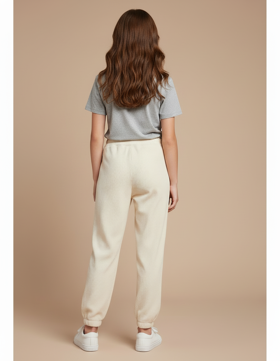 Pantalon Blanc Côtelé Ample Décontracté Fille - Beige - vue 2
