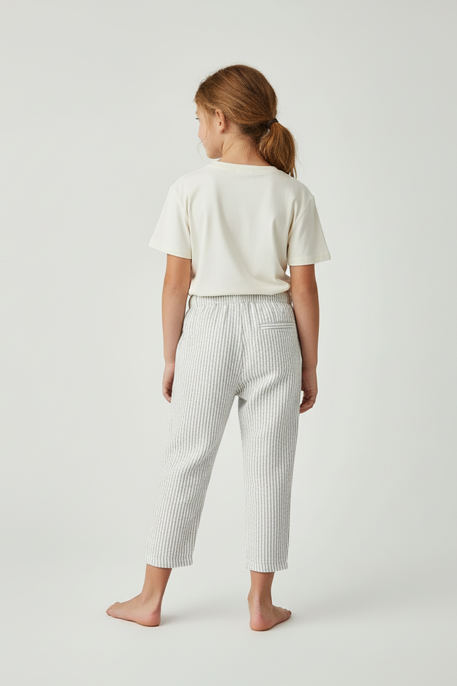 Pantalon Blanc Rayé Coton Ample Décontracté Enfant - Imprimé Lin - vue 2