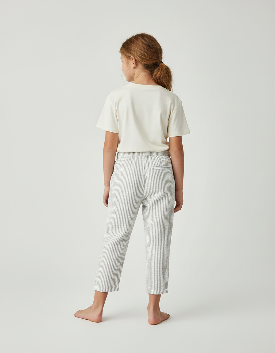 Pantalon Blanc Rayé Coton Ample Décontracté Enfant - Imprimé Lin - vue 2