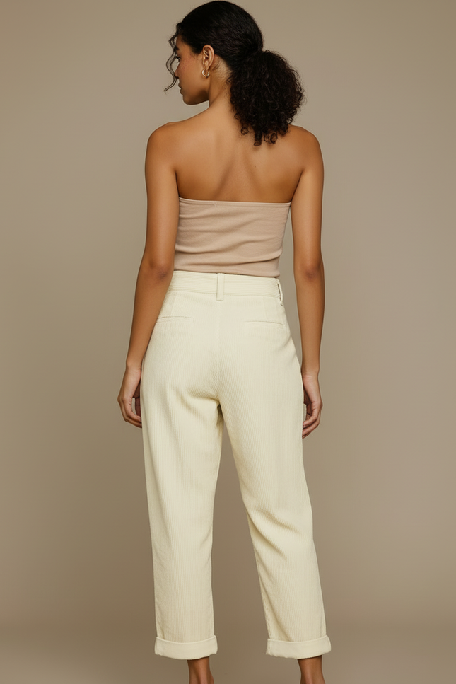 Pantalon Blanc Côtelé Plissé Décontracté Femme - Beige Cordé - vue 2
