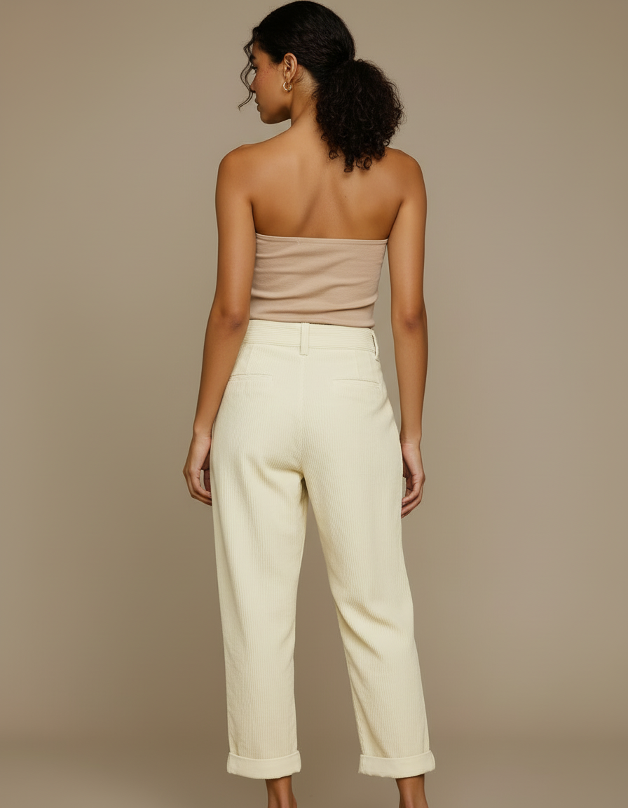 Pantalon Blanc Côtelé Plissé Décontracté Femme - Beige Cordé - vue 2