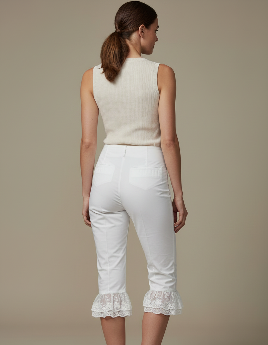 Pantalon Blanc Capri Dentelle Volants Croisé Ajusté Été - Gabardine - vue 2