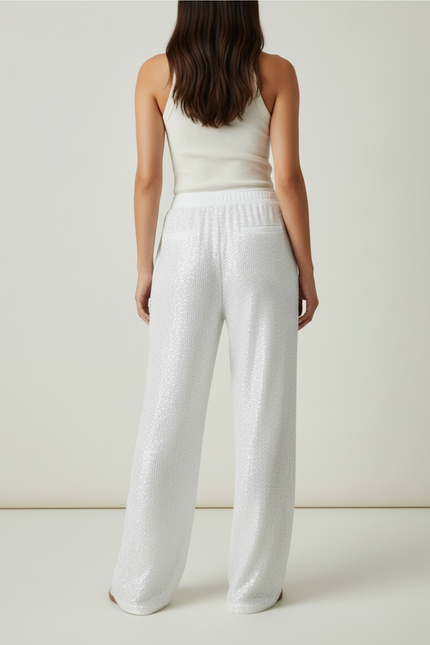 Pantalon Blanc Pailleté Fluide Élégant Décontracté - Maille - vue 2