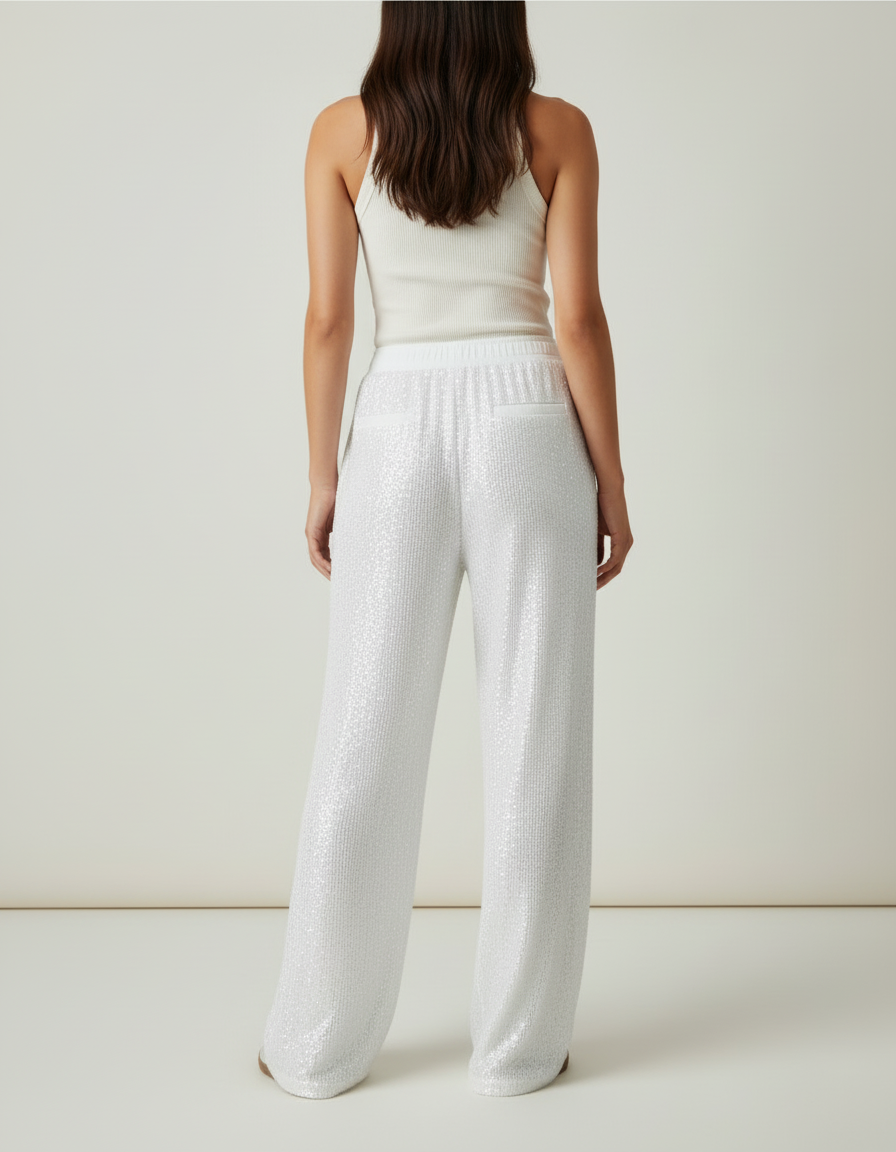 Pantalon Blanc Pailleté Fluide Élégant Décontracté - Maille - vue 2