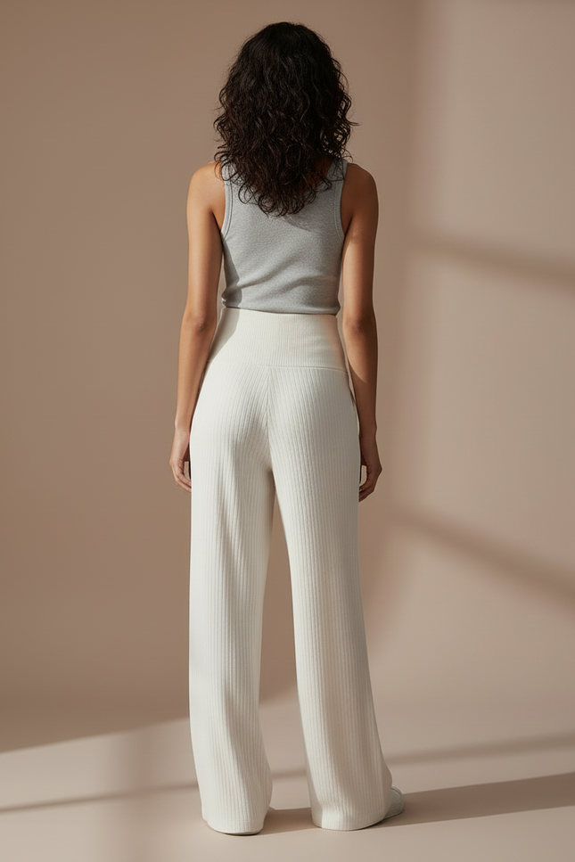 Pantalon Blanc Côtelé Ample Confortable Maternité - Beige Maille - vue 2