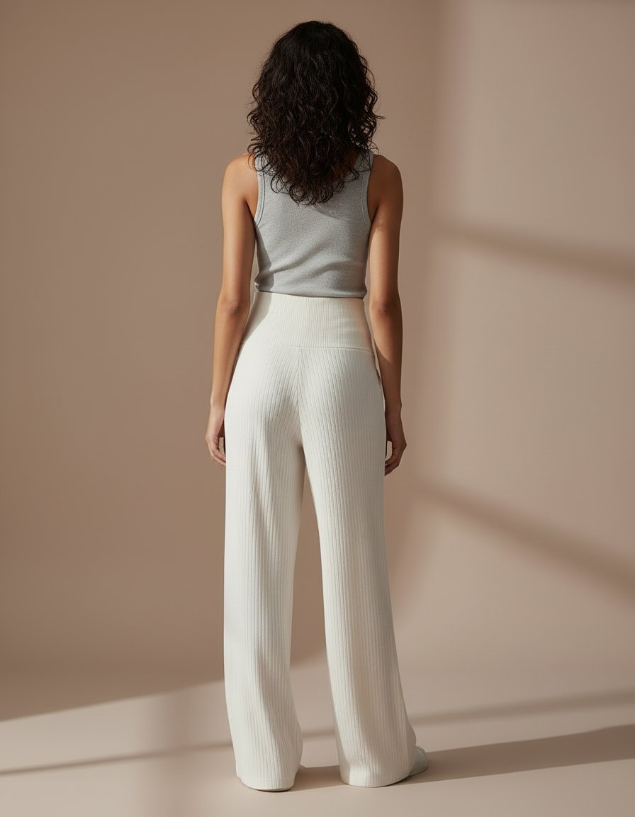 Pantalon Blanc Côtelé Ample Confortable Maternité - Beige Maille - vue 2