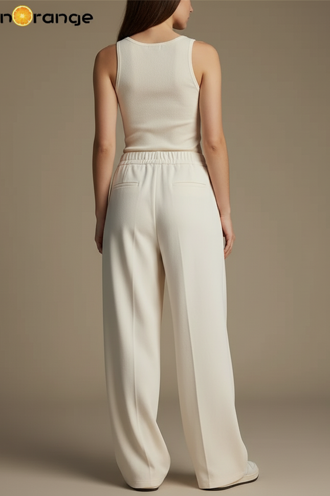 Pantalon Blanc Fluide Ample Décontracté Femme - Beige Viscose - vue 2