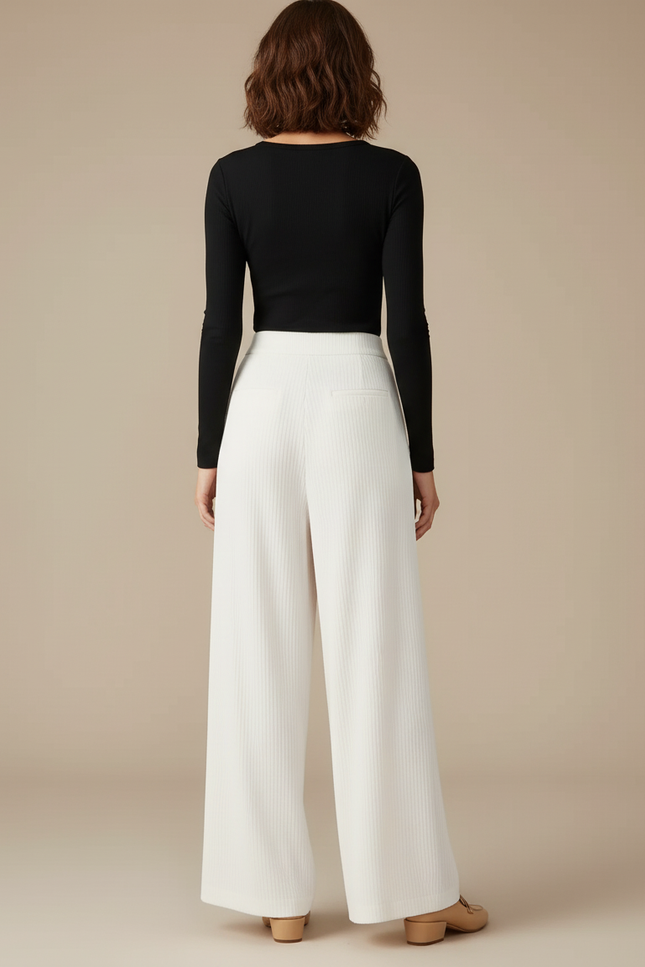 Pantalon Blanc Côtelé Ample Décontracté Fluide - Cordé - vue 2