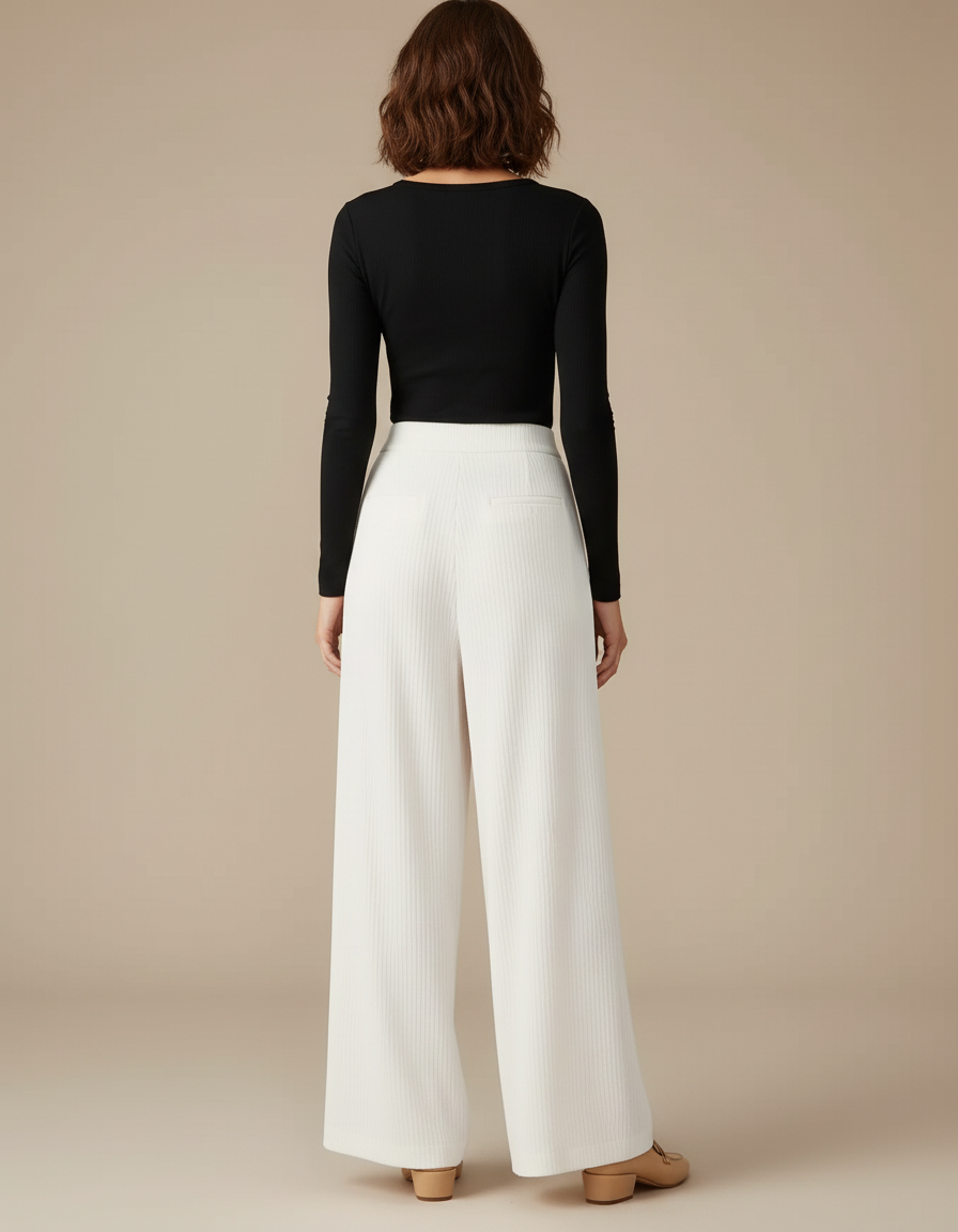 Pantalon Blanc Côtelé Ample Décontracté Fluide - Cordé - vue 2