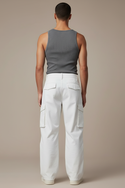 Pantalon Blanc Cargo Décontracté Homme Ample - Toile - vue 2