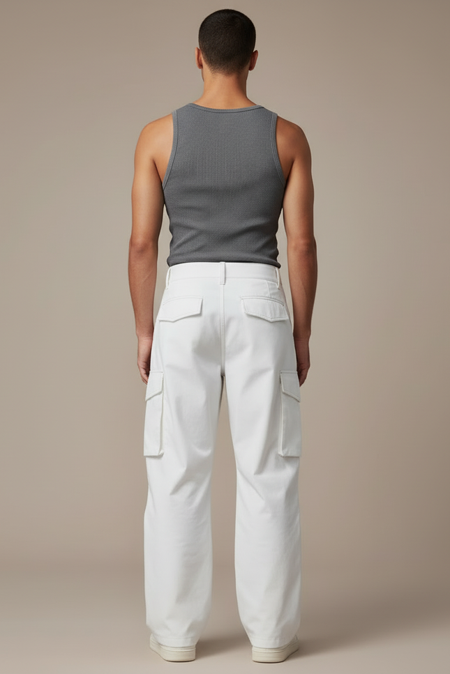 Pantalon Blanc Cargo Décontracté Homme Ample - Toile - vue 2