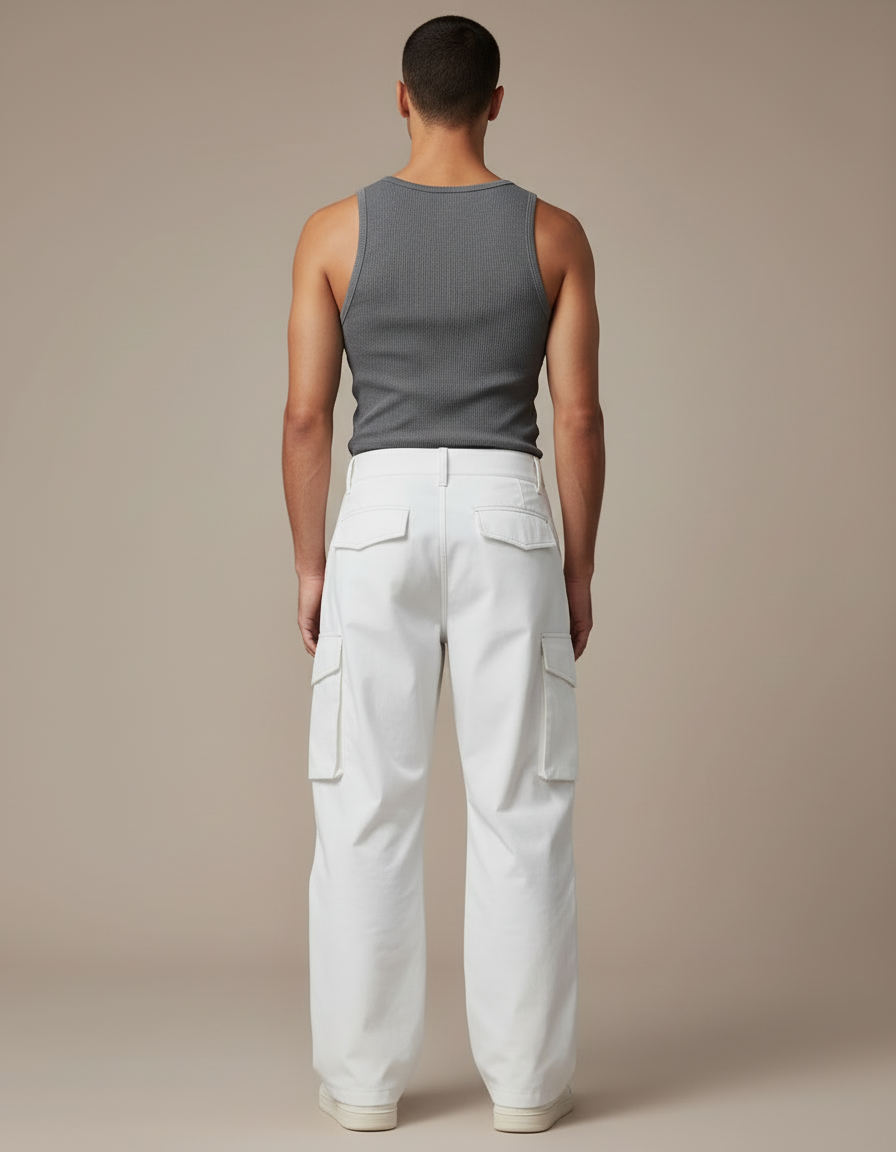 Pantalon Blanc Cargo Décontracté Homme Ample - Toile - vue 2