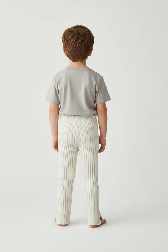 Pantalon Blanc Côtelé Tricoté Enfant Confortable Évasé - Maille - vue 2