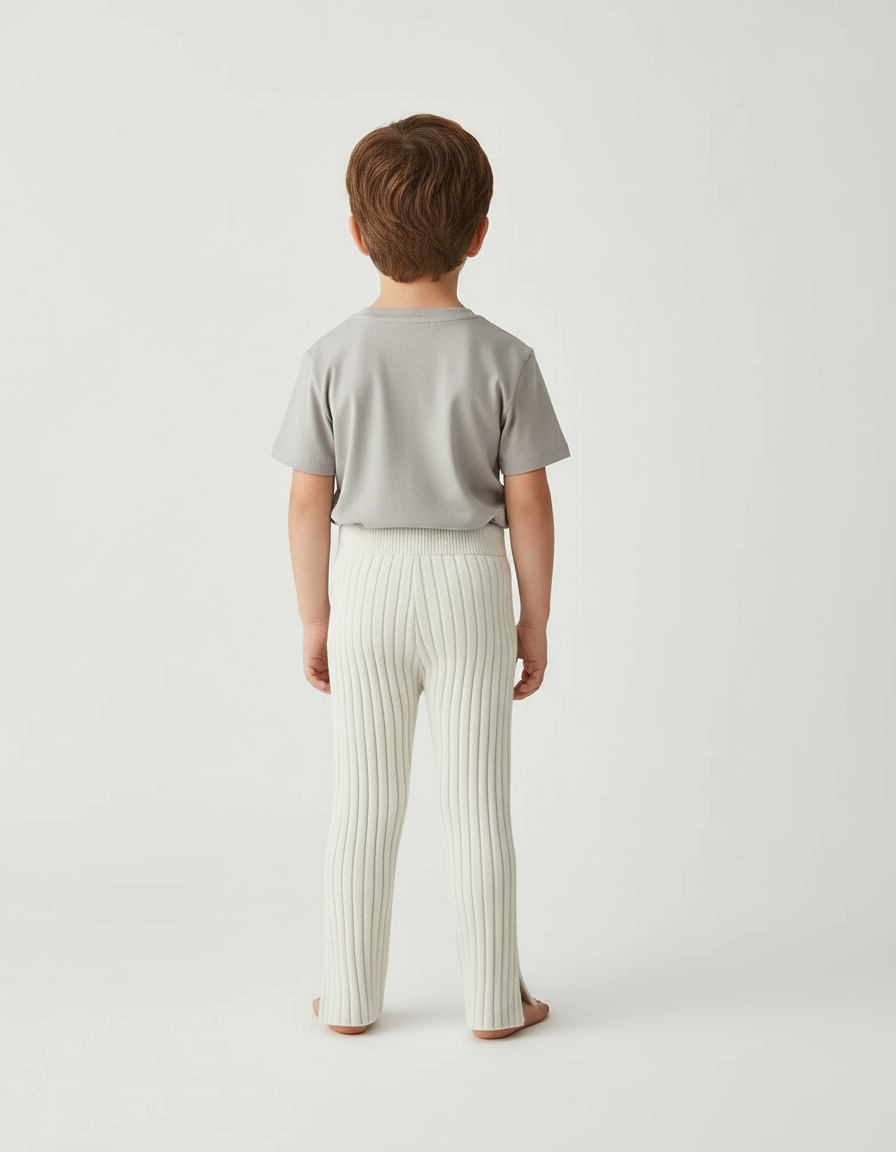 Pantalon Blanc Côtelé Tricoté Enfant Confortable Évasé - Maille - vue 2