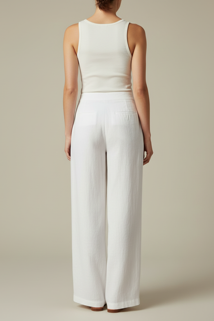 Pantalon Blanc Lin Ample Taille Haute Fluide - vue 2
