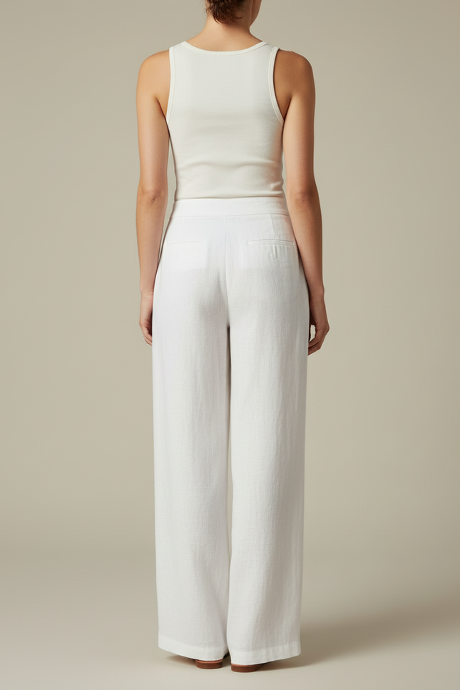 Pantalon Blanc Lin Ample Taille Haute Fluide - vue 2