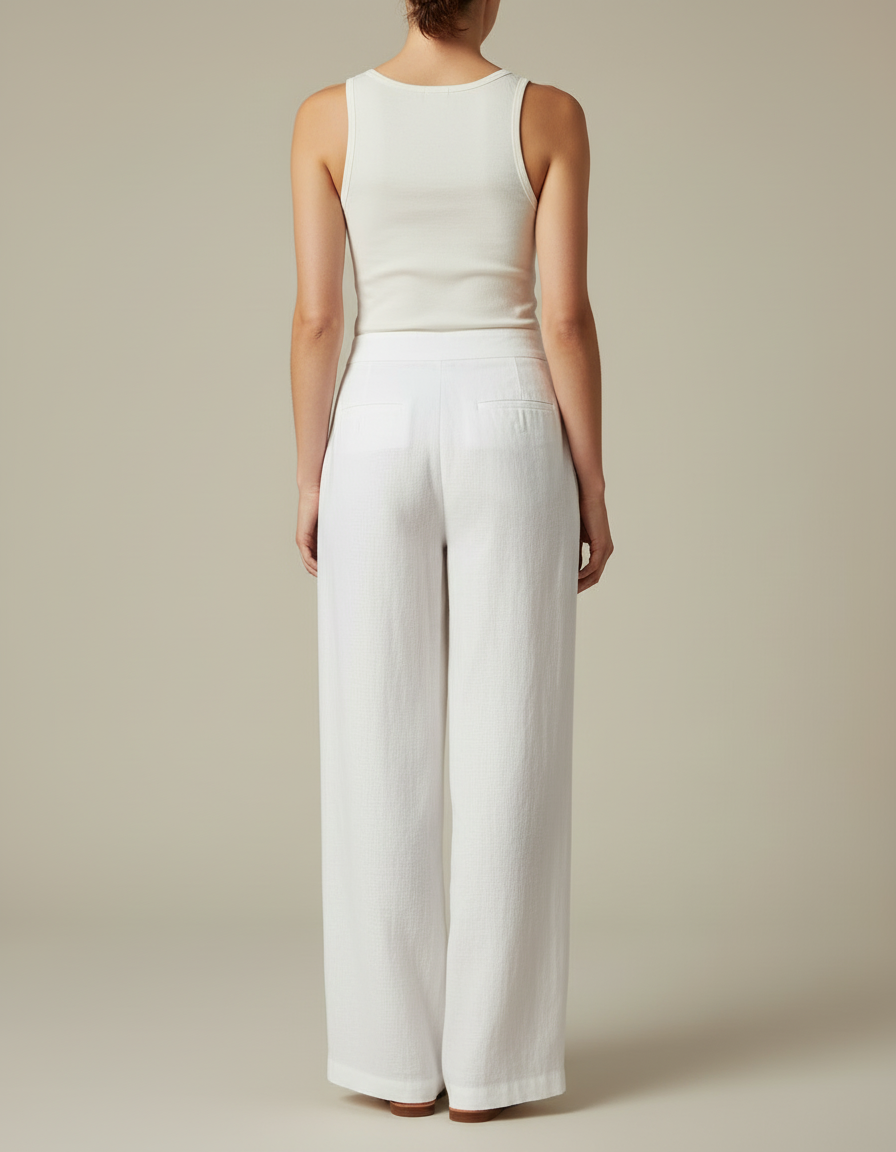 Pantalon Blanc Lin Ample Taille Haute Fluide - vue 2