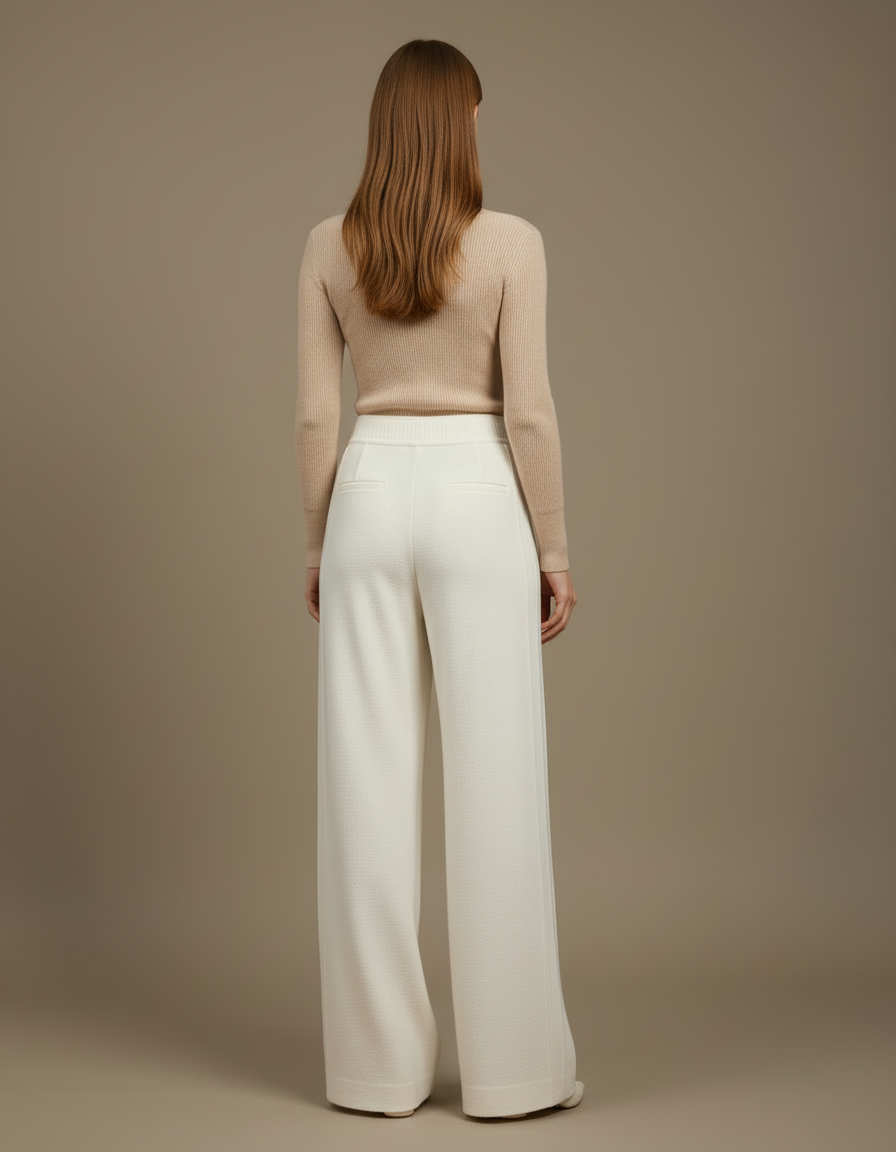 Pantalon Blanc Tricoté Ample Taille Haute Drapé - Maille - vue 2