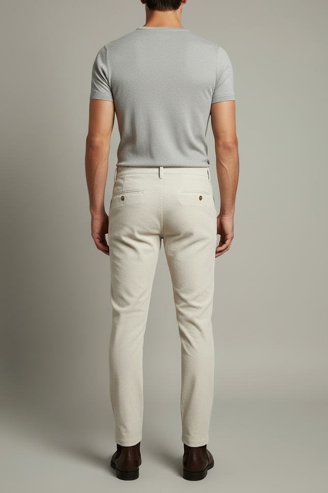 Pantalon Blanc Côtelé Slim Homme Élégant Casual - Beige Cordé - vue 2