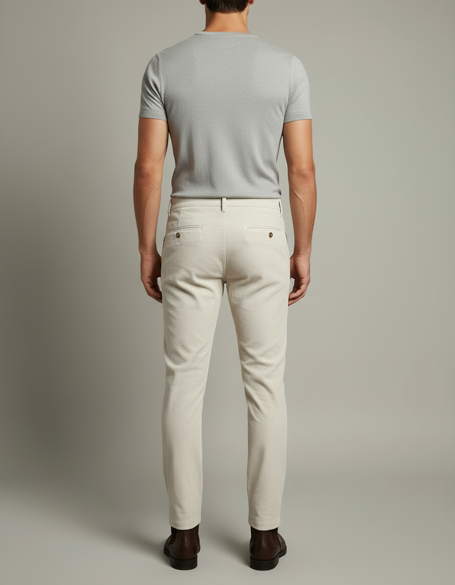 Pantalon Blanc Côtelé Slim Homme Élégant Casual - Beige Cordé - vue 2