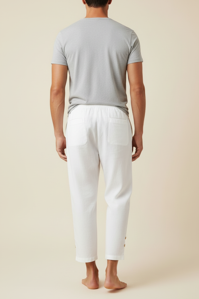 Pantalon Blanc Homme Lin Décontracté Cheville Cordon Boutons - vue 2
