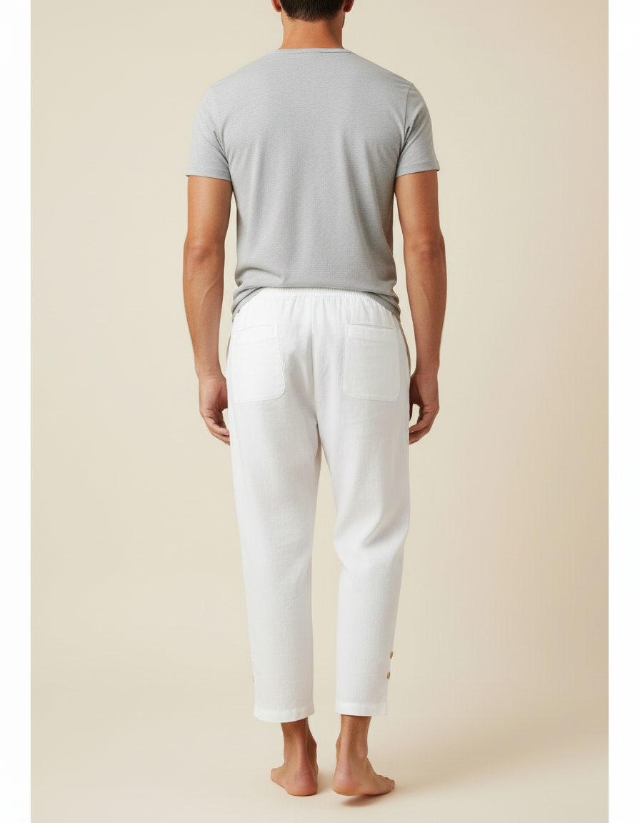 Pantalon Blanc Homme Lin Décontracté Cheville Cordon Boutons - vue 2