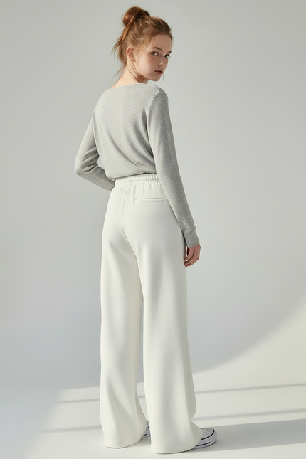 Pantalon Blanc Ample Fluide Taille Haute Décontracté - Molleton - vue 2