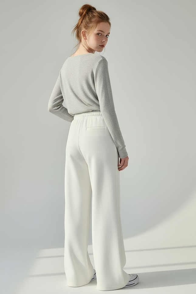 Pantalon Blanc Ample Fluide Taille Haute Décontracté - Molleton - vue 2