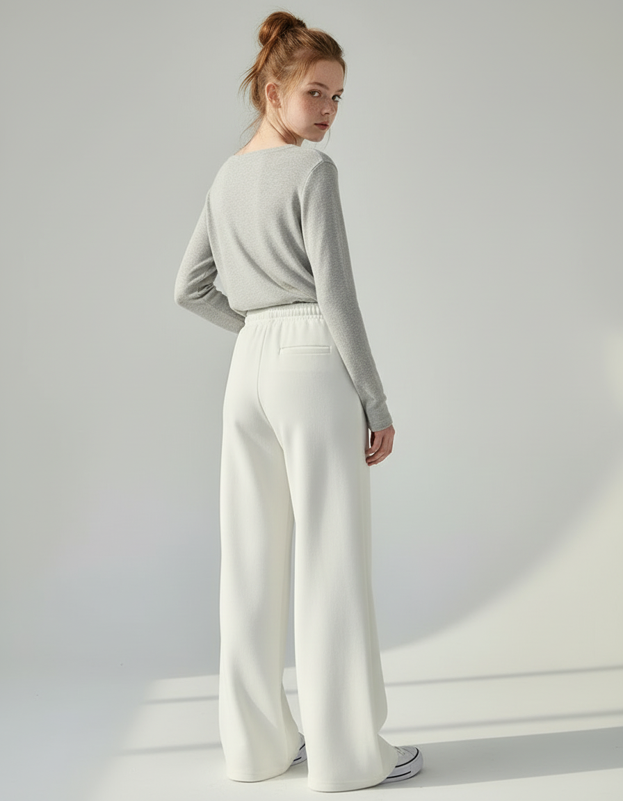 Pantalon Blanc Ample Fluide Taille Haute Décontracté - Molleton - vue 2